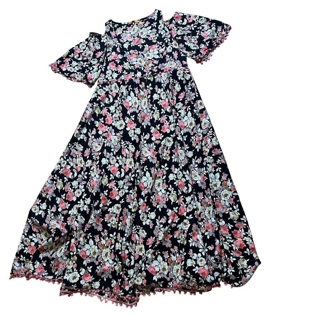 Floral Cold Shoulder Pom Trim Maxi Dress Boho Cottagecore Size Large Beachy - Picture 2 of 6